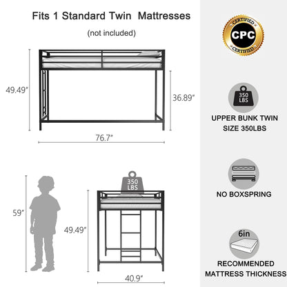 Twin Size Low Loft Bed for Kids,Metal Loft Bed Frame for Boys Girls,Kids Loft Bed Twin Size,Junior Low Loft Bed, Black