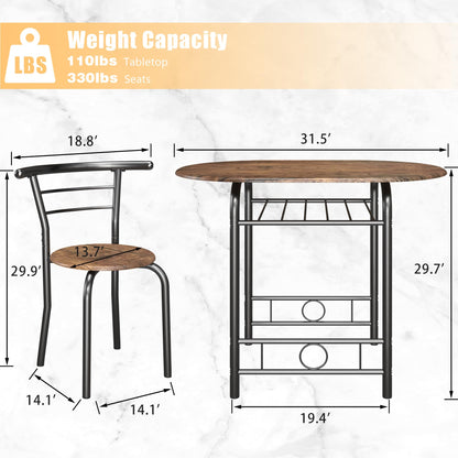 JUMMICO 3-Piece Wooden Round Table & Chair Set, Space Saving Kitchen Breakfast Nook Wood Grain Tabletop with Metal Frame and Built-in Wine Rack for - WoodArtSupply