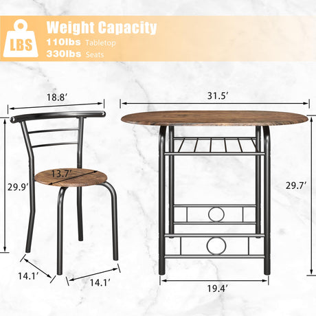JUMMICO 3-Piece Wooden Round Table & Chair Set, Space Saving Kitchen Breakfast Nook Wood Grain Tabletop with Metal Frame and Built-in Wine Rack for JUMMICO
