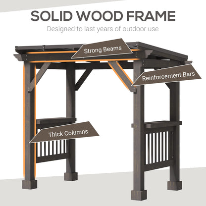 Outsunny 8' x 5' BBQ Grill Gazebo with 2 Side Shelves, Outdoor Hardtop Barbecue Barrier with Slanted Steel roof, Solid Wood Frame - WoodArtSupply