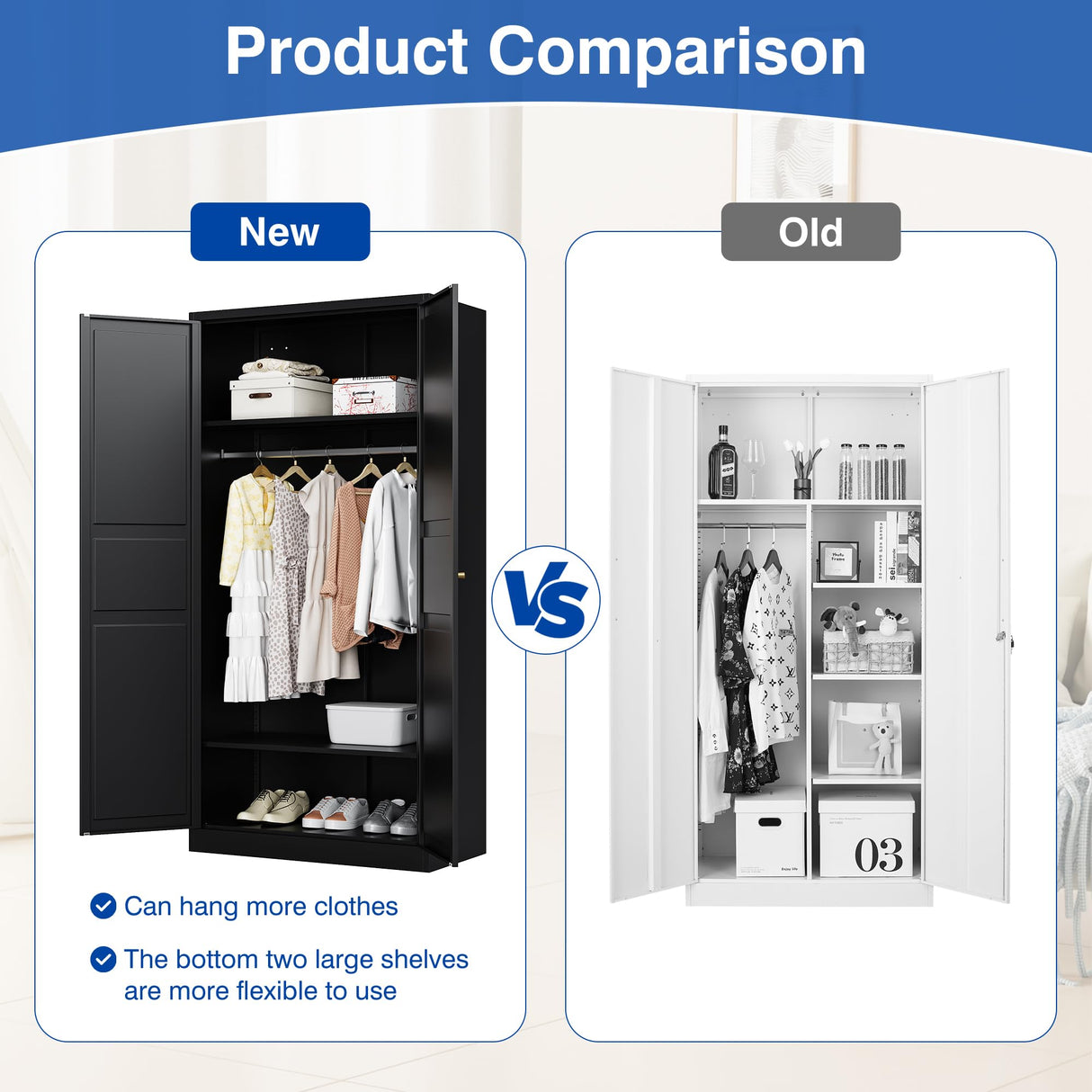 BYNSOE Metal Armoire Wardrobe Closet with 2 Doors 72'' Wardrobe Cabinet with Hanging Rail Metal Closet with Adjustable Shelves for Bedroom Require Assembly (Black, 72inch) BYNSOE