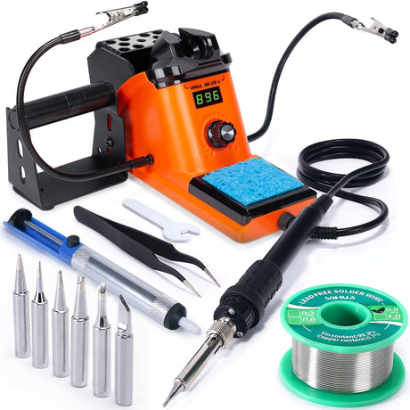 YIHUA 926 III 60W LED Display Soldering Iron Station Kit w 2 Helping Hands, 6 Extra Iron Tips, Roll of Lead-Free Solder, Solder Sucker, S/S Tweezers, °C/ºF Conversion, Auto Sleep & Calibration Support YIHUA