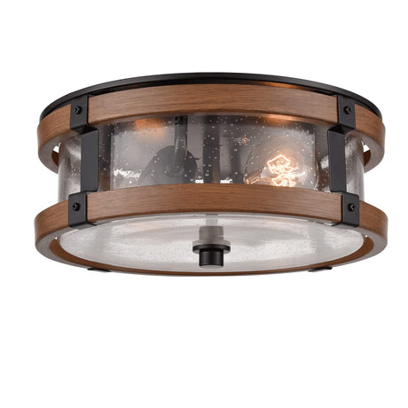 DEYNITE Farmhouse Ceiling Light Fixture 2-Light Hallway Ceiling Light in Black & Rustic Wood Grain Finish with Clear Seeded Glass Shade DEYNITE