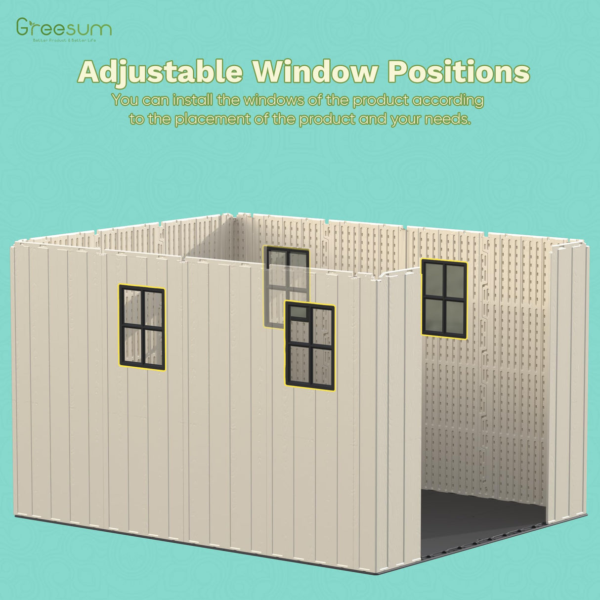 Greesum 8x12 FT Plastic Outdoor Storage Shed with Floor, Resin Sheds with Window and Lockable Door, Weather Resistant Organization for Garden, Patio, Pool Supplies, Beige Greesum