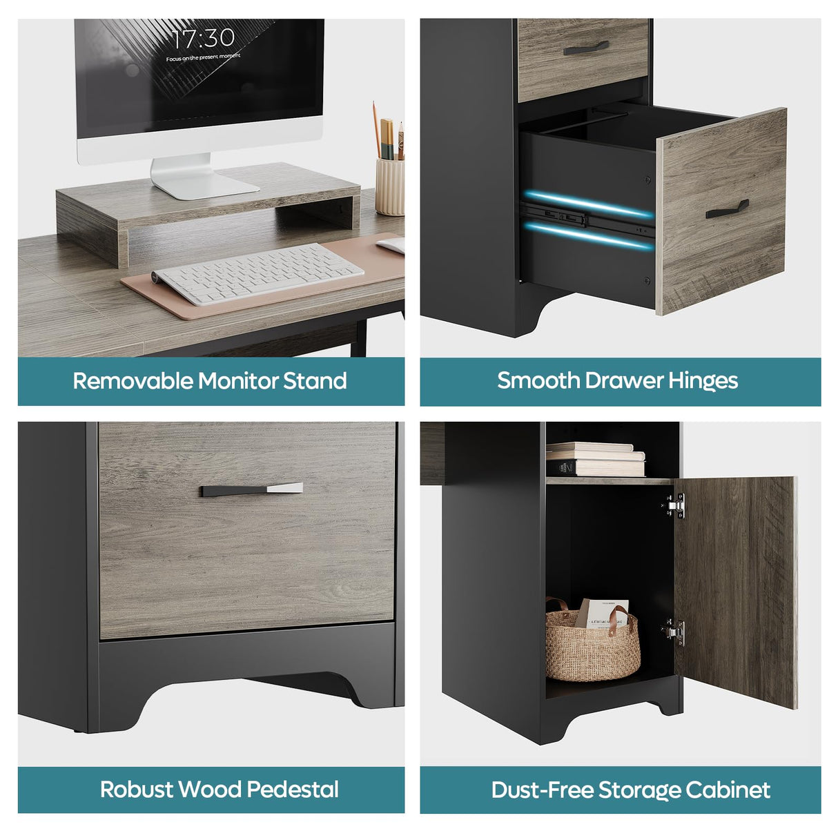 Bestier L Shaped Desk with File Drawers, 63" x 47" Office Computer Desk with Storage Cabinet, Corner Desk with Monitor Stand & Modesty Panel for Home Office, Dark Gray Bestier