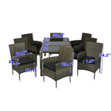 KEIKI 9 Piece Patio Dining Table Outdoor Furniture Set, 8 Wicker Chairs with Cushions & 74.8" Glass Top Dining Table, All Weather Dining Set for Lawn, Garden, Backyard, Poolside, Black & Grey KEIKI