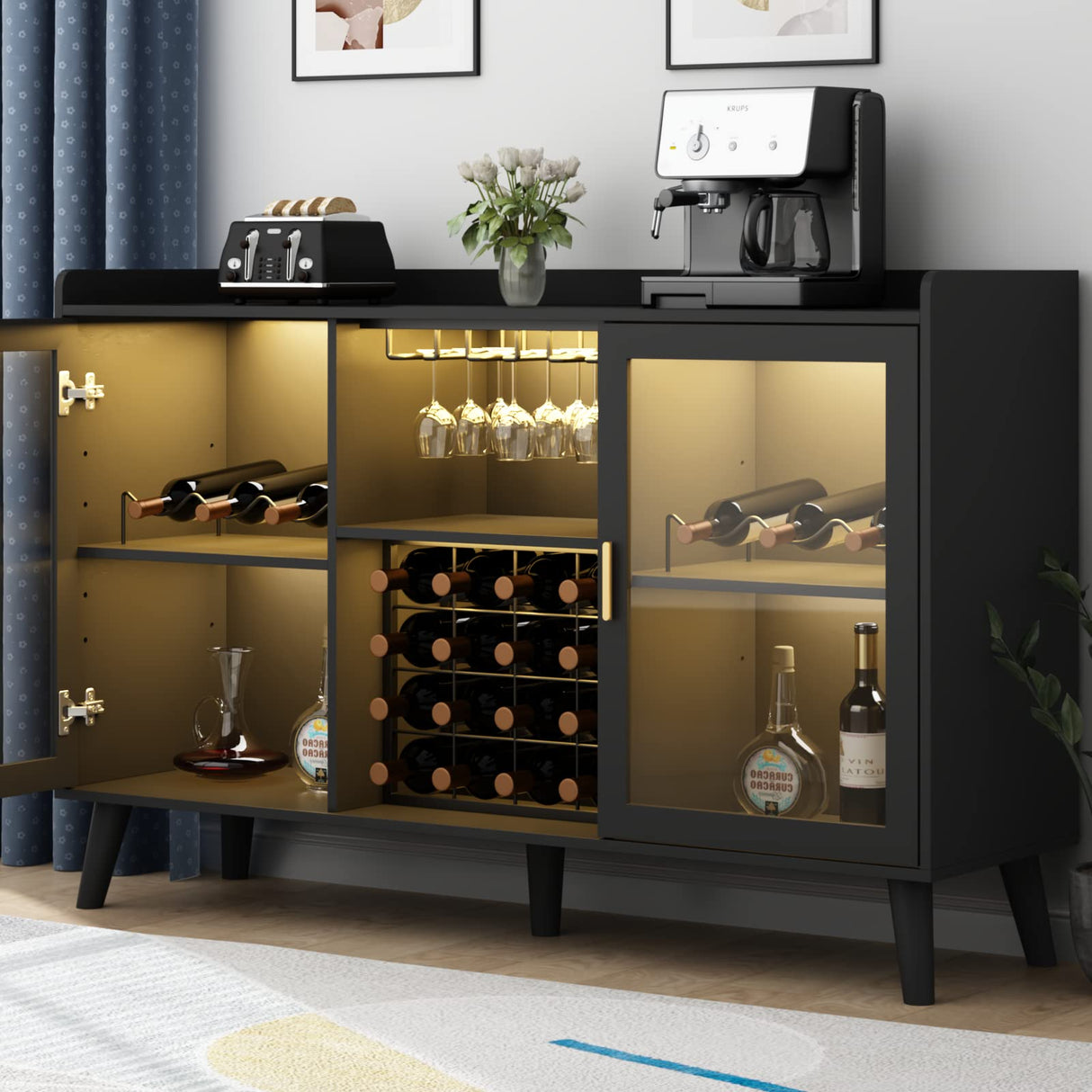 Auromie Wine Bar Cabinet with Led Light, Home Coffee Cabinet with Wine and Glass Rack, Kitchen Buffet Sideboard with Storage Shelves, Freestanding Liquor Cabinet for Living Room, Dining Room (Black) Auromie
