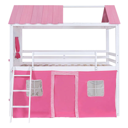 Harper & Bright Designs House Twin Loft Bunk Bed with Tent, Kids Loft Bed with Ladders,Guardrail, Windows and Roof, Wood Twin Over Twin Playhouse Bunk Bed for Kids Teens Boys & Girls (Pink & White)