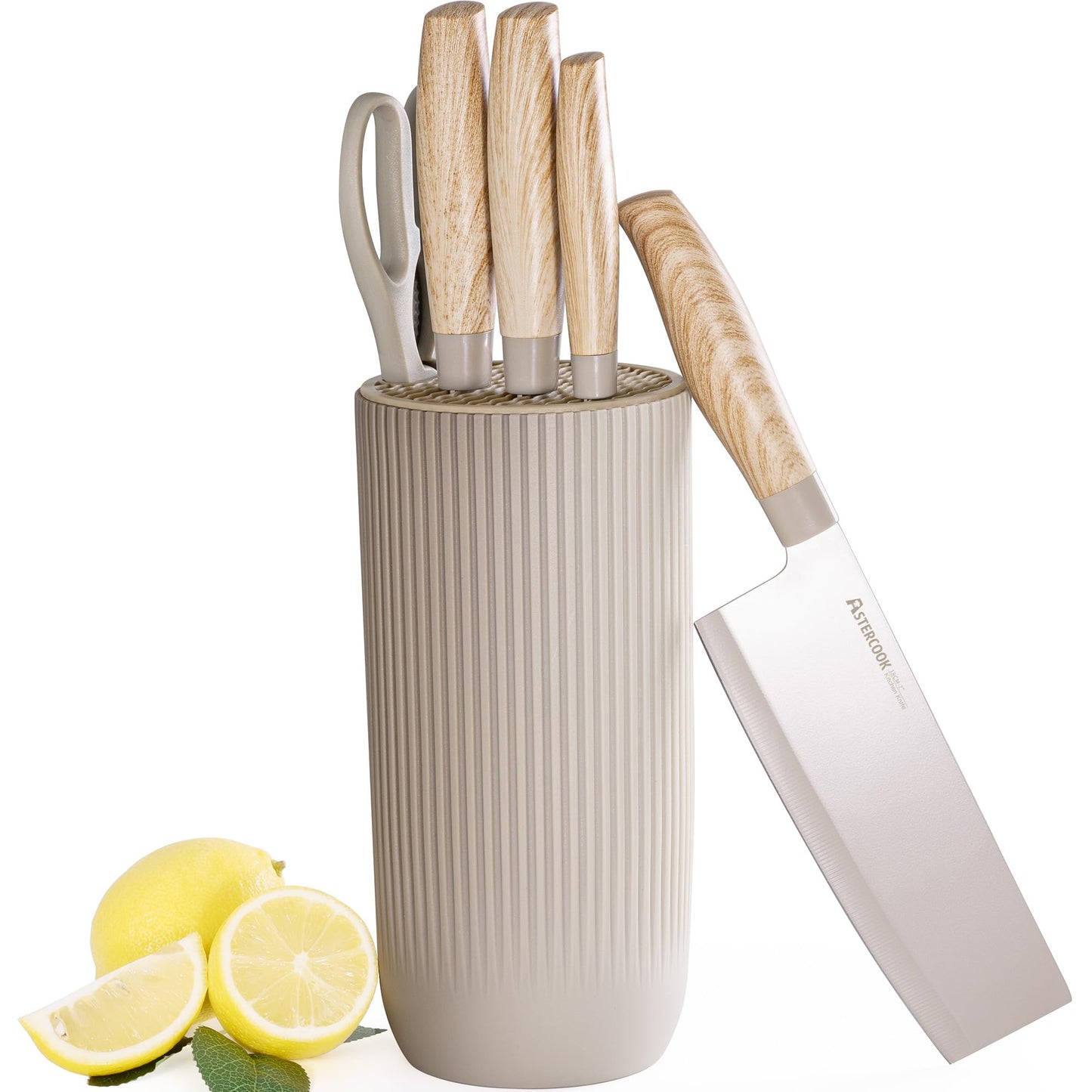 Knife Set, Astercook 6 Piece Khaki Kitchen Knife Set, Non-stick Stainless Steel Knife Block Set, Anti-Rust Dishwasher Safe Knife Set with Block