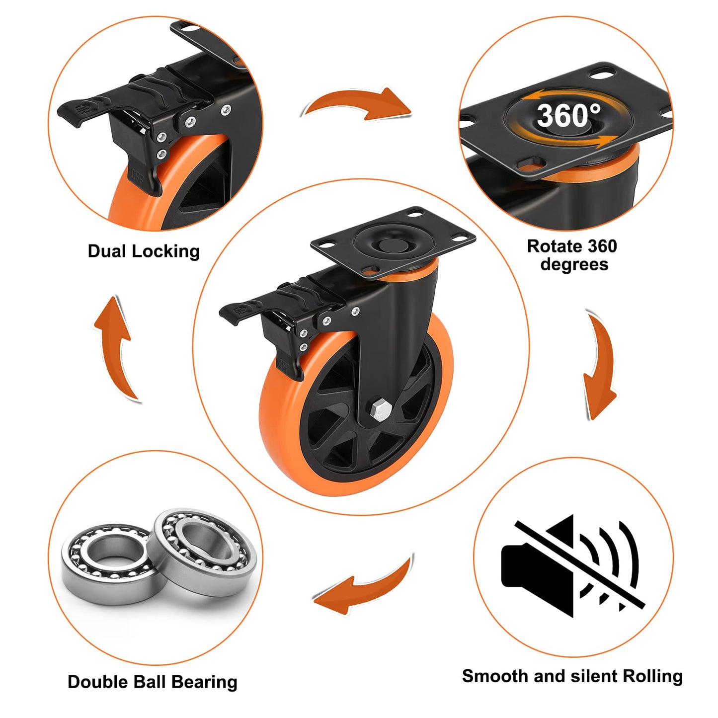 6 Inch Heavy Duty Caster Wheels Load 3000 Lbs with Brake Safety Dual Locking No Noise Wheels Swivel Casters Set of 4 (Free Screws)