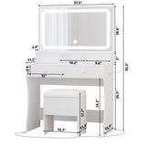 LIKIMIO Vanity Desk with LED Lighted Mirror & Power Outlet & 4 Drawers, Makeup Table Set with Storage Stool and Hair Dryer Stand, White LIKIMIO