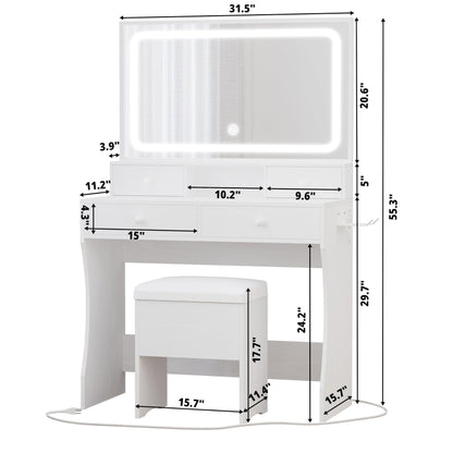 LIKIMIO Vanity Desk with LED Lighted Mirror & Power Outlet & 4 Drawers, Makeup Table Set with Storage Stool and Hair Dryer Stand, White - WoodArtSupply