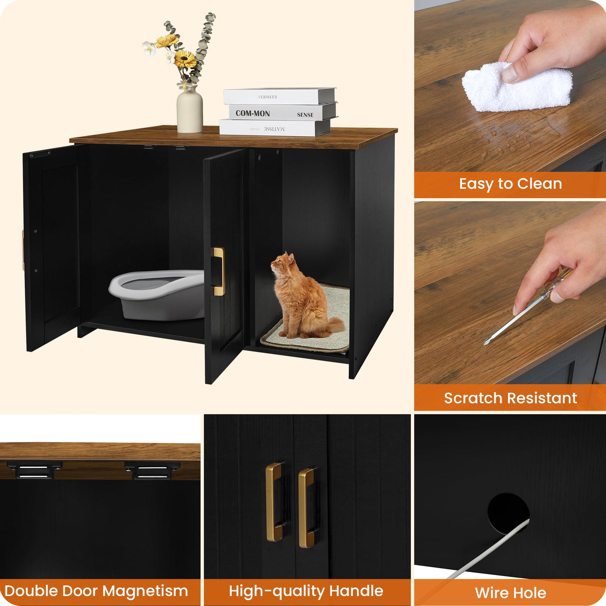 Dwanton Litter Box Enclosure, Cat Litter Box Furniture Hidden, with Scratching Mat, Wooden Cat Washroom Indoor, 31.5" L x 19.7" W x 21.7" H, Black and Warm Brown Dwanton