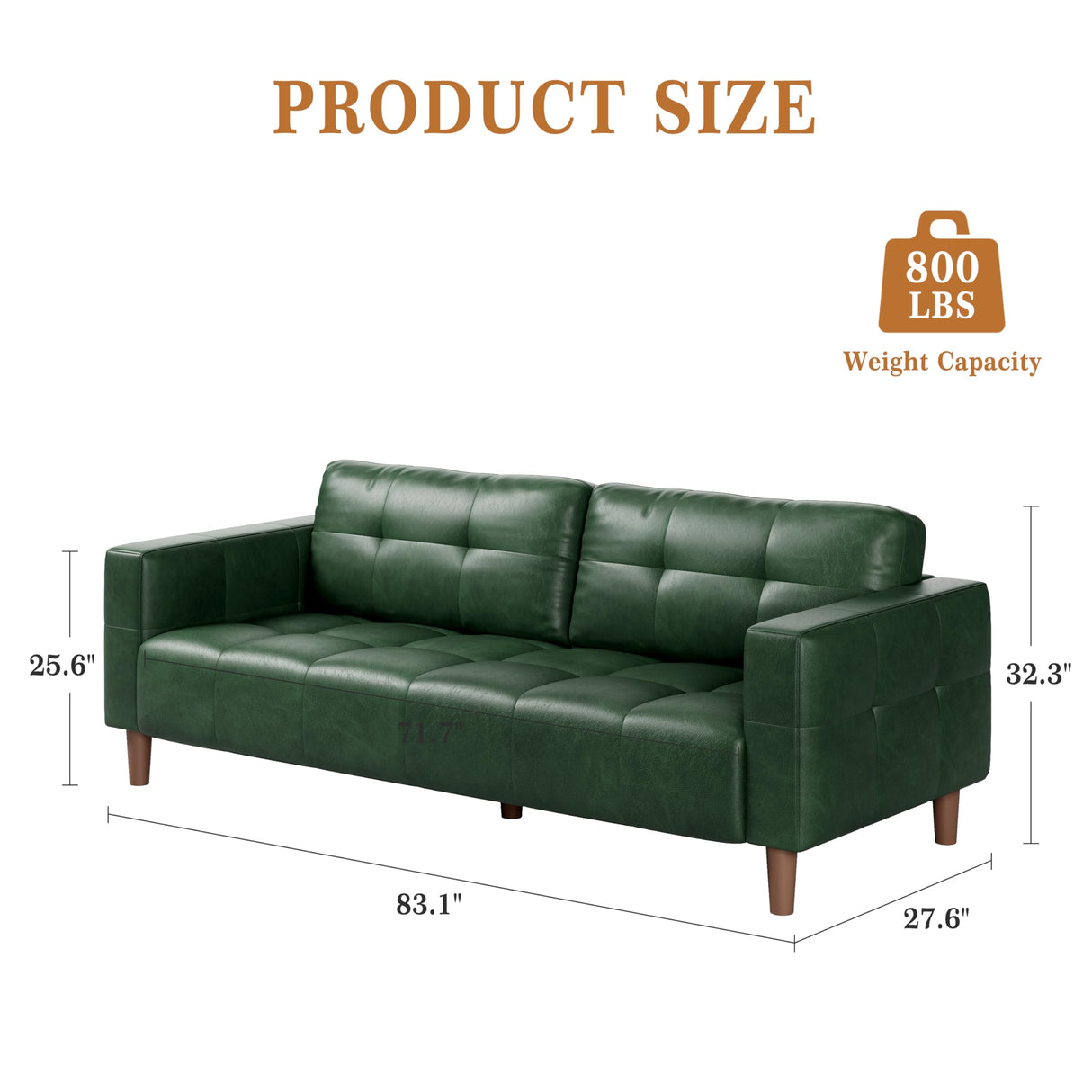 GarveeHome 3-Seater Sofa Couch, 83 in Wide Faux Leather Sofa Couch with Spring Cushion, Modern Sofa with Deep Seats and 2 Removable Back Cushions, for Living Room, Bedroom, Apartment, Office, Green GarveeHome