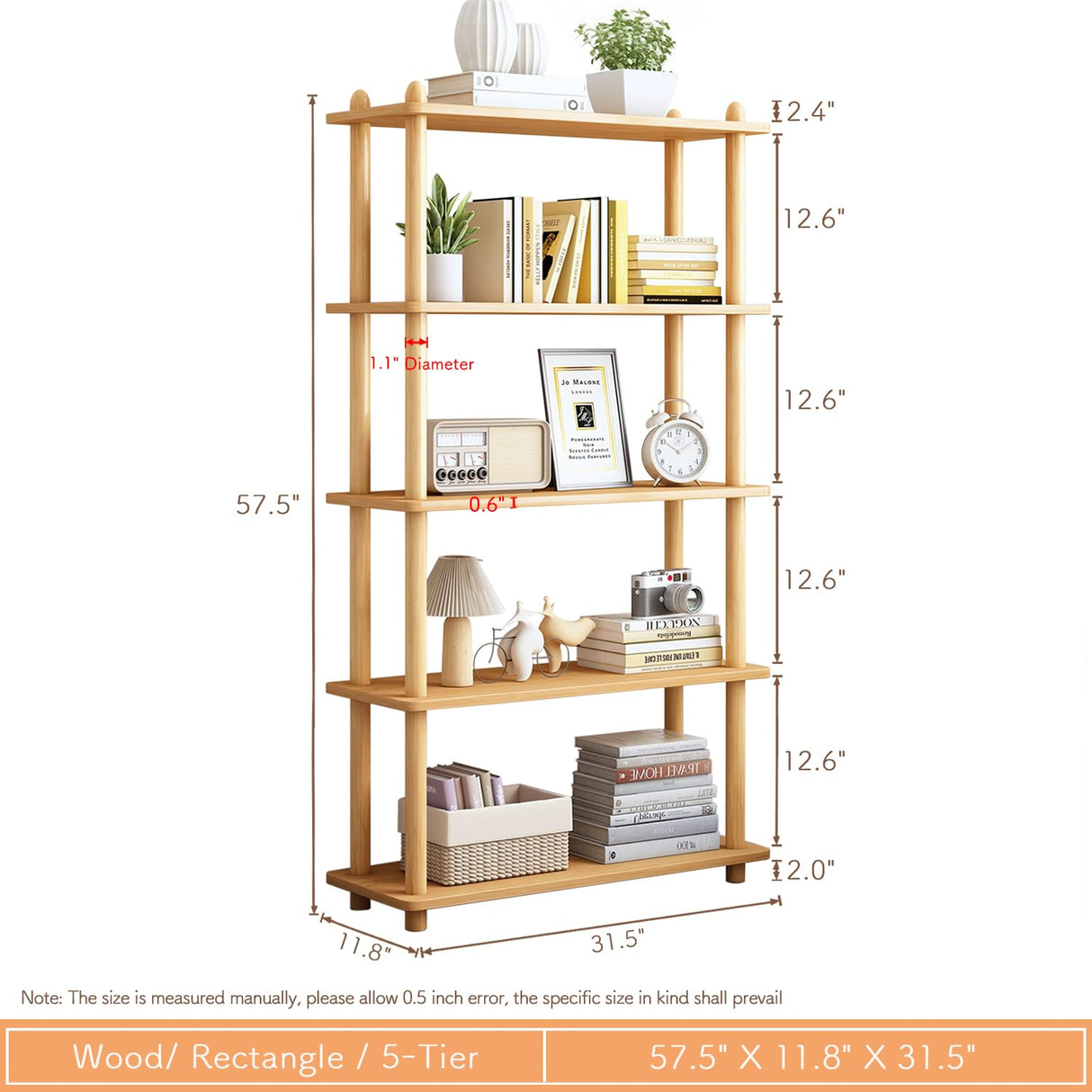 IOTXY 5-Tier Wooden Shelf Bookcase - Modern Open Bookshelf, Free Standing Storage Rack, Multifunctional Display Stand for Home and Office, Oak, Rectangle IOTXY