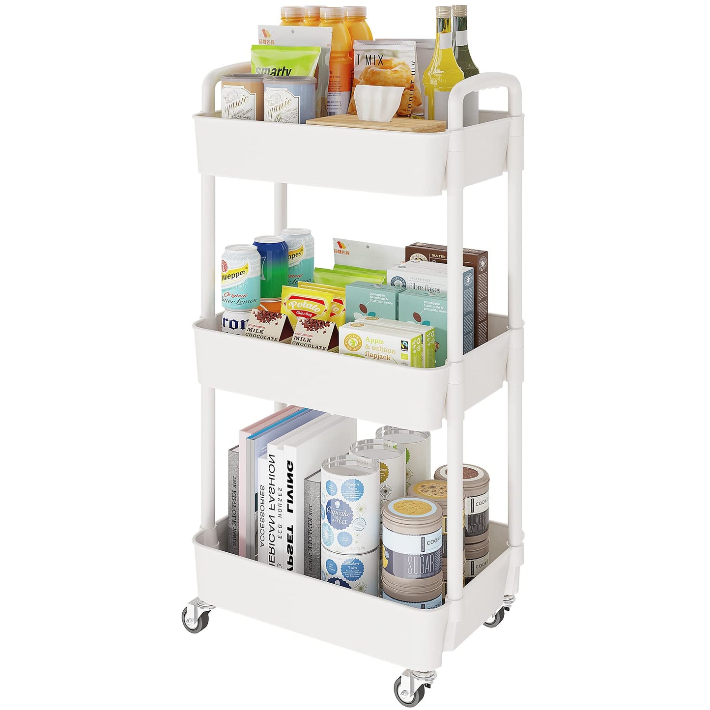 Laiensia 3-Tier Storage Cart,Multifunction Kitchen Storage Organizer,Mobile Shelving Unit Utility Rolling Cart with Lockable Wheels for Bathroom,Laundry,Living Room,With Classified Stickers,W - WoodArtSupply