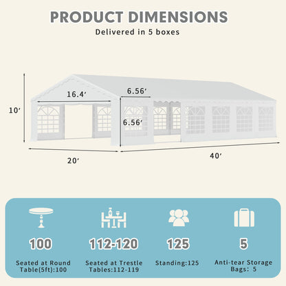 EROMMY 20x40ft Party Tent, Outdoor Wedding Tent, Heavy Duty Large Canopy Carport with Removable Sidewalls, 2 Roll-up Doors, 5 Storage Bags, Gazebo Shelter Tent for Party Event Commercials, Wh - WoodArtSupply