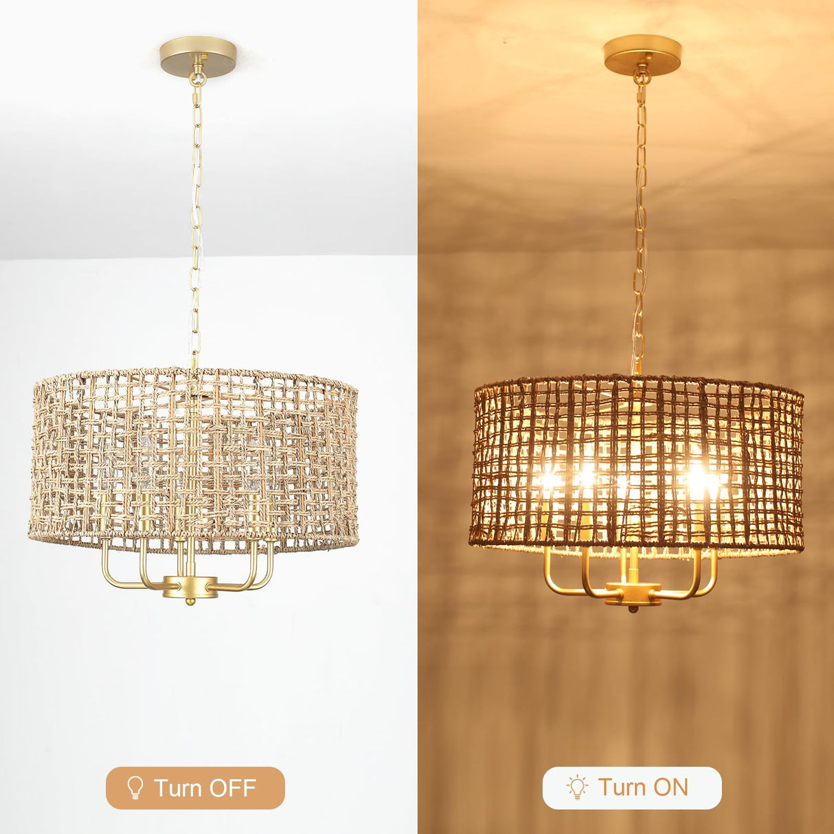 Rattan Woven Boho Chandelier Light Fixture for Dining Room 5 Light, 18.8'' Gold Hand Woven Drum Wicker Light Fixture Ceiling Hanging, Coastal Rattan Pendant Light for Living Room Entryway Bedroom Xurihuihuang