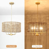 Rattan Woven Boho Chandelier Light Fixture for Dining Room 5 Light, 18.8'' Gold Hand Woven Drum Wicker Light Fixture Ceiling Hanging, Coastal Rattan Pendant Light for Living Room Entryway Bedroom Xurihuihuang