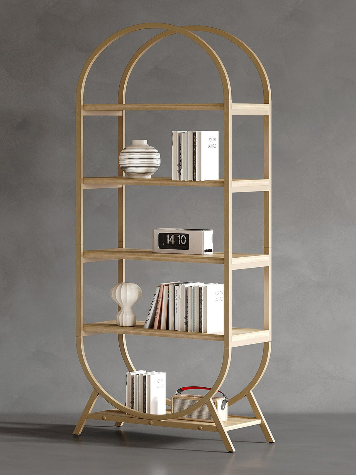 Kogven Bookshelf Arched Bookcase, Industrial 5 Tier Open Book Shelves with Metal Frame, 72" Tall Freestanding Display Rack for Home Office, Living Room,Nature Wood and Gold Kogven
