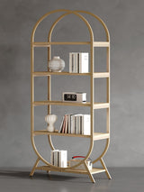 Kogven Bookshelf Arched Bookcase, Industrial 5 Tier Open Book Shelves with Metal Frame, 72" Tall Freestanding Display Rack for Home Office, Living Room,Nature Wood and Gold Kogven