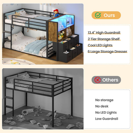 BTHFST Twin Over Twin Bunk Bed, Twin Bunk Beds with Storage & LED Lights, Metal Space Saving Low Bunk Bed with Safety Ladder and Guardrail BTHFST