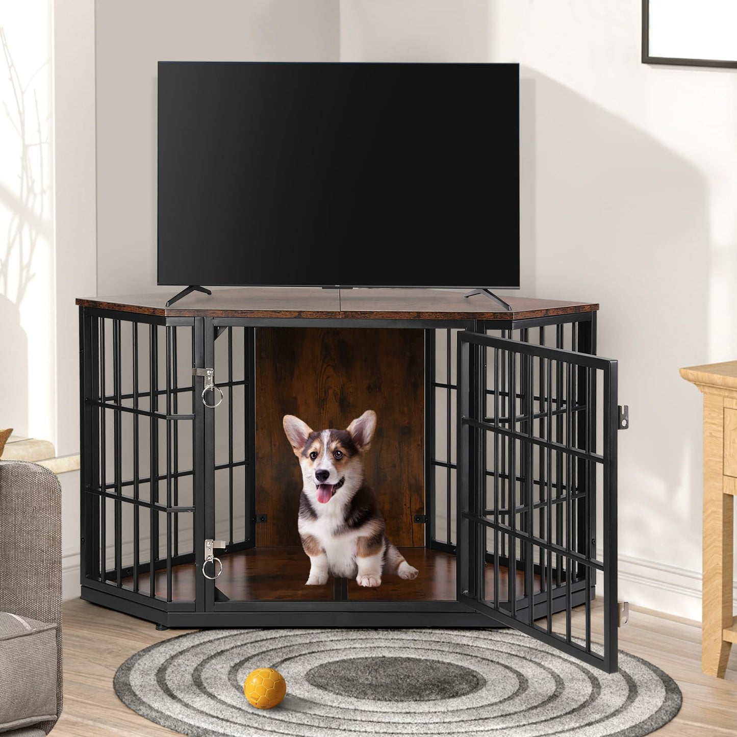 VOWNER 47 Inch Dog Crate Furniture Corner, Wooden Dog Kennel Furniture, End Table Dog Crate for Medium Dogs, Indoor Pet Crates Corner Side Table for Dogs, Wide Top Perfect for Limited Room, Brown