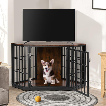 VOWNER 47 Inch Dog Crate Furniture Corner, Wooden Dog Kennel Furniture, End Table Dog Crate for Medium Dogs, Indoor Pet Crates Corner Side Table for Dogs, Wide Top Perfect for Limited Room, Brown