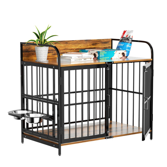 BEURUKU 41 Inch Dog Crate Furniture, Large Dog Crate Indoor with Adjustable Height & 360° Rotating Feeder, XL Wooden Dog Crates for Large Medium Breed, 41" L X 24" W X 36" H