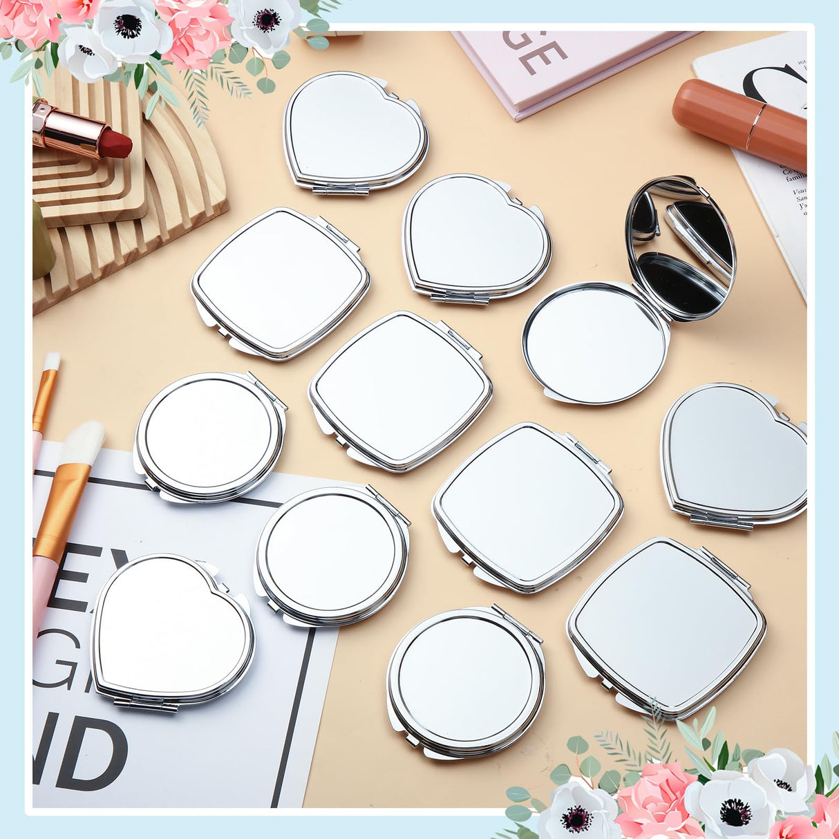 Jetec 18 Pcs Sublimation Blanks Products Small Compact Mirror Bulk Heat Transfer Folding Pocket Makeup Mirror Heart Round Square Double Sided Handheld Sublimation Mirror for Women Gift Purse Travel Jetec