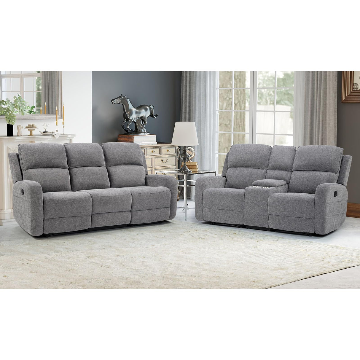 EBELLO Manual Living Room Furniture Reclining Couch Set, Soft Fabric Recliner Loveseat and 3 Seat Sofa Couch for Meeting Room, Overstuffed Backrest(Loveseat+Sofa) EBELLO