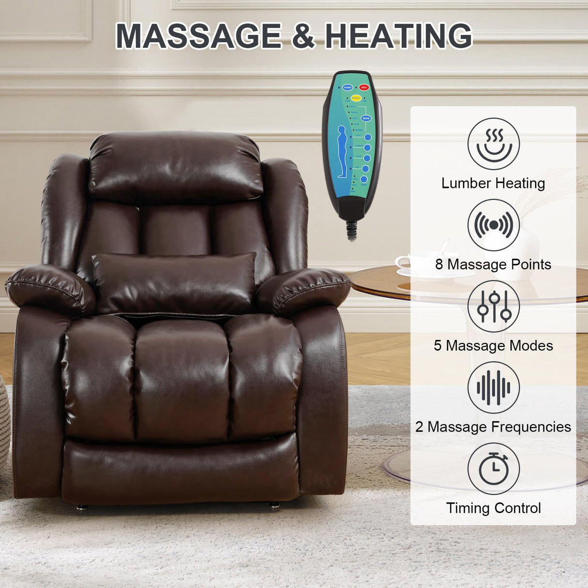 EDILLY Large Genuine Leather Power Lift Recliner Chair for Elderly, Dual Motor with Massage and Heating,with Double Lumbar Cushion and Extended Footrest,USB Port and Remote(Brown) EDILLY