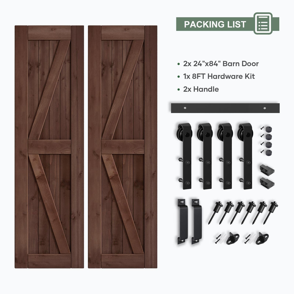 ROYMELO 48x84 inch (Double 24×84 inch Door) Sliding Barn Wood Door Slab with 8ft Hardware Kit and Handle, Coffee, K Shape, Simple DIY Assembly ROYMELO