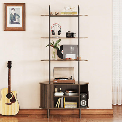 Espelism 71" Tall Mid-Century Display Shelf Bookshelf with Sliding Tambour Doors, 4-Tier Freestanding Vinyl Record Player Stand Fluted Storage Cabinet for Living Room, Bedroom, Home Office