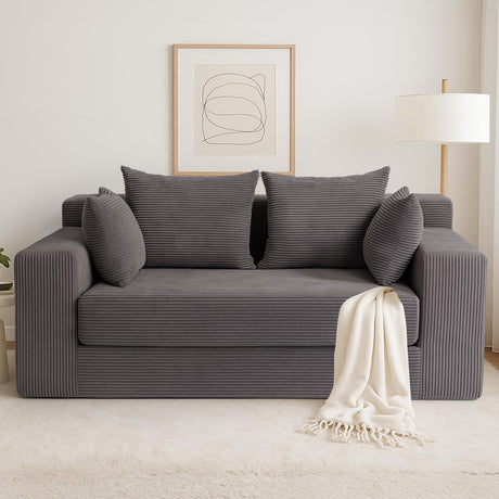 Convertible Sofa Bed, 3 in 1 Loveseat Folding Couch Bed Foldable - Boneless Couch & Floor Futon Sleeper, Corduroy Pull Out Sofa Bed with 4 Pillows for Living Room, Grey cidludto