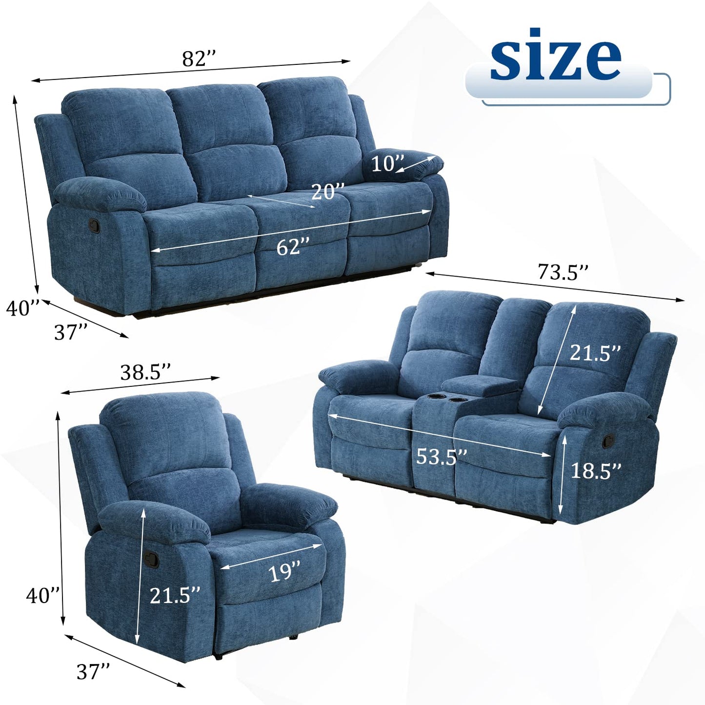 Plithzy Recliner Sofa Set Living Room Furniture, Microfiber Fabric Reclining Sofa Set, Recliner Couch Set with Cup Holders for Office Home (3 Piece Living Room Furniture Set, Blue) - WoodArtSupply