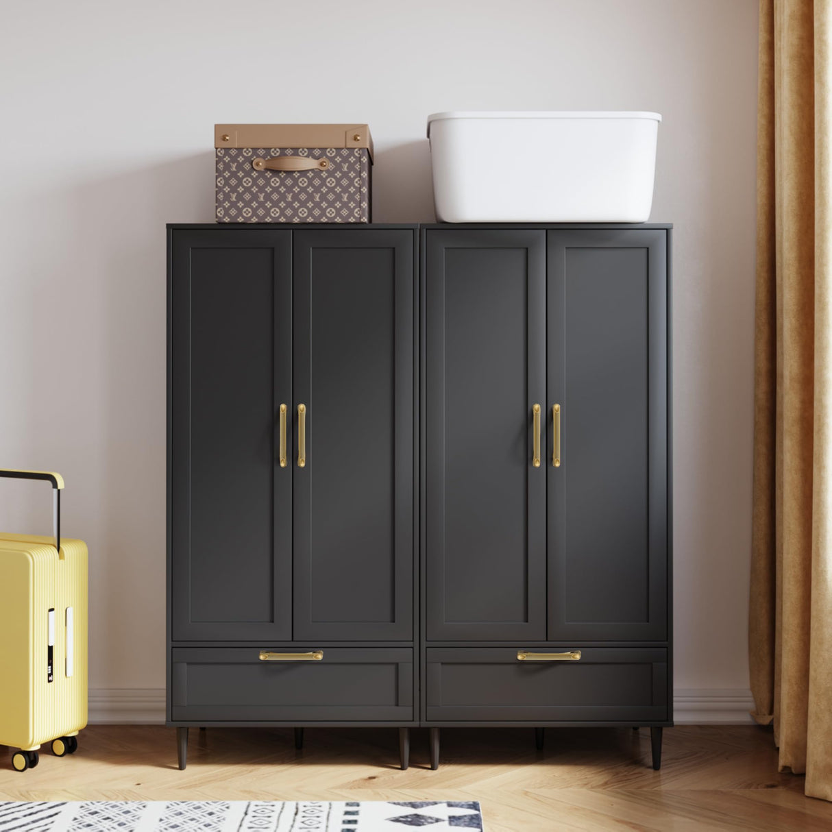 ALBSL Bedroom Armoire Wardrobe Closet with Hanging Rod,60" 2 Door Almirah for Clothes with Drawers,Morden Storage Cabinet,Black ALBSL