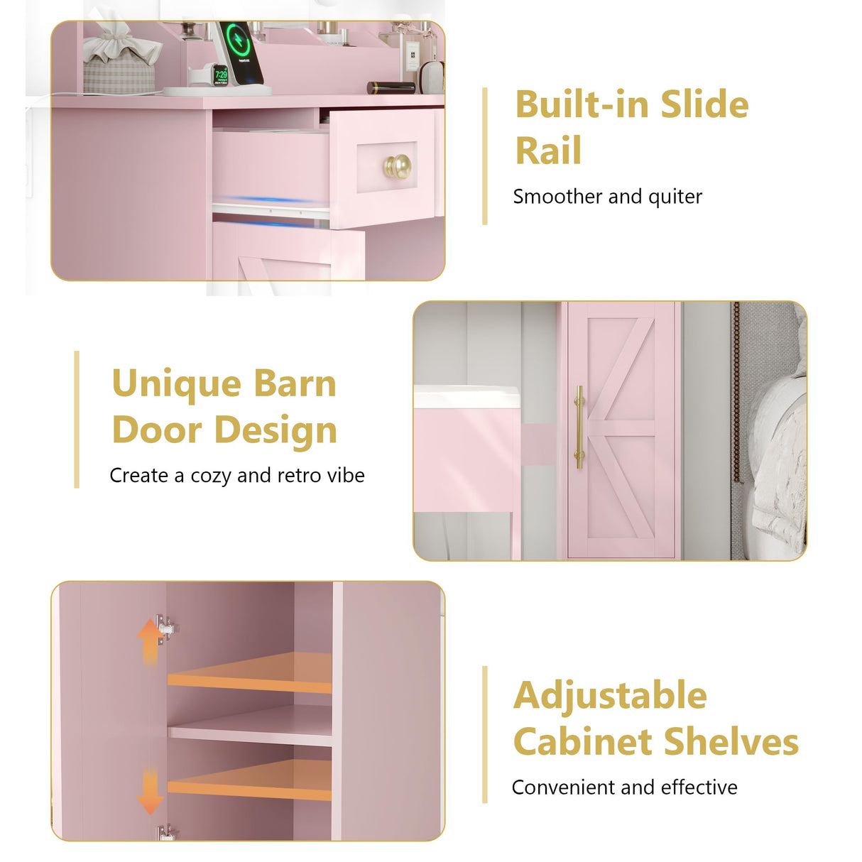 Vanity Makeup Desk with Mirror and Lights, Farmhouse Vanity Table Set with Storage Drawers, Charging Station & Chair, 43" Large Rustic Dressing Table, 3 Lighting Modes for Women Girls Bedroom, Pink Xixini