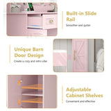 Vanity Makeup Desk with Mirror and Lights, Farmhouse Vanity Table Set with Storage Drawers, Charging Station & Chair, 43" Large Rustic Dressing Table, 3 Lighting Modes for Women Girls Bedroom, Pink Xixini