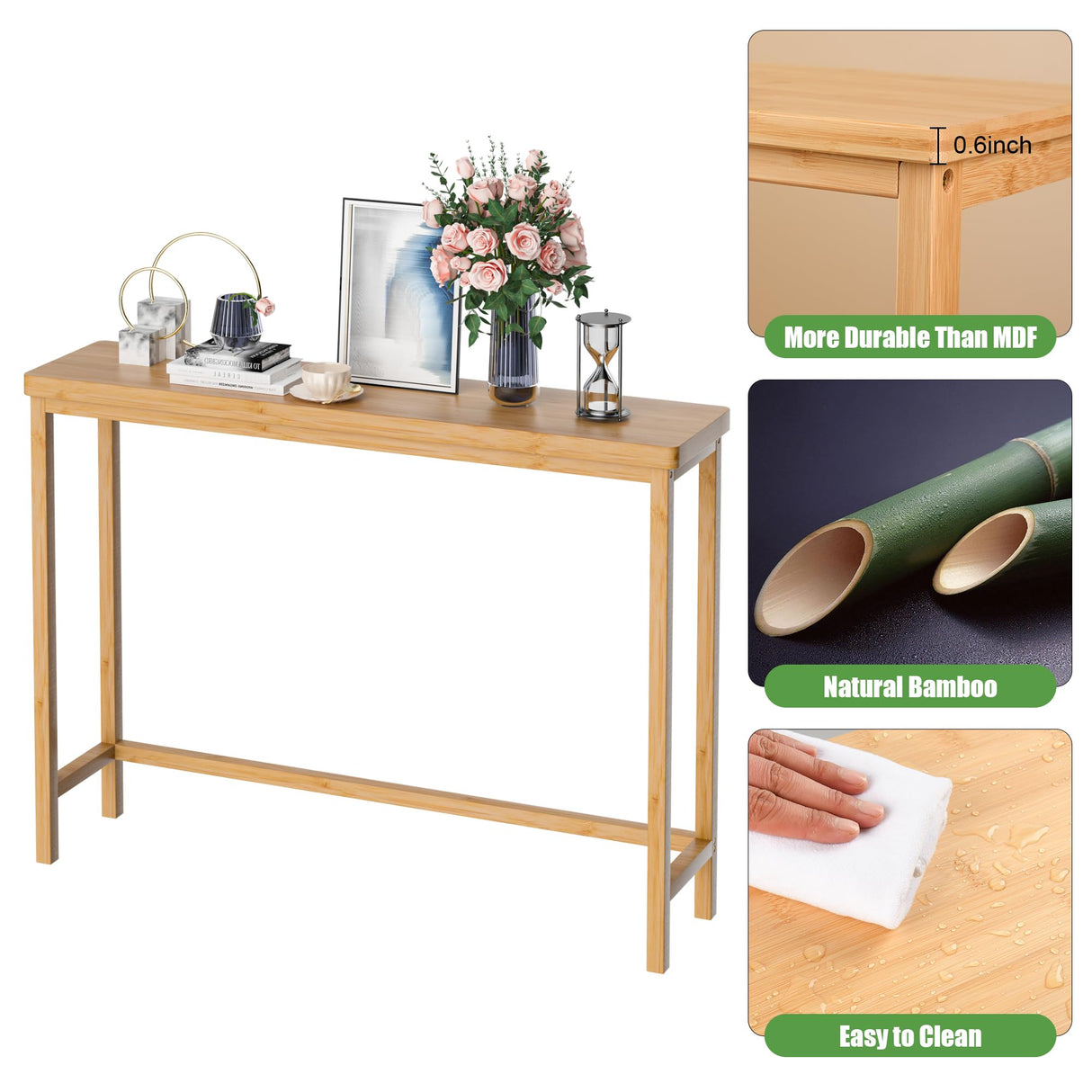VASMIA Console Table, Entryway Table, Narrow Sofa Table, 39" Bamboo Hallway Table for Entryway, Living Room, Bedroom, Foyer, Natural VASMIA