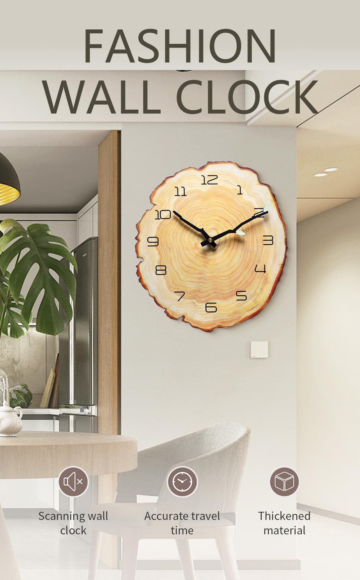 funsec 12 Inch Annual Ring Wall Clock Wood Grain Clock Leaf Tree Stump Clock Creative Silent Clock Quartz Clock Battery Powered Arabic Numerals Decorative Home Living Room Office Size:10.55"Wx11.88"H funsec