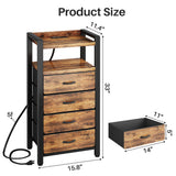 Kitstorack Night Stand with Charger Station and LED Light Rustic Brown Nightstand with Drawers Bedside Table Tall Nightstand 4 Fabric Drawers Kitstorack