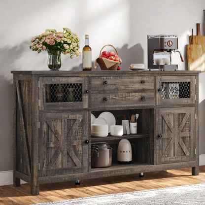 DWVO Farmhouse Buffet Cabinet with Storage, 59" Kitchen Coffee Bar Cabinet, 2 Large Drawers, Visual Grid Door, Storage Shelves, Storage Cabinet for Kitchen & Living Room, Dark Rustic Oak - WoodArtSupply