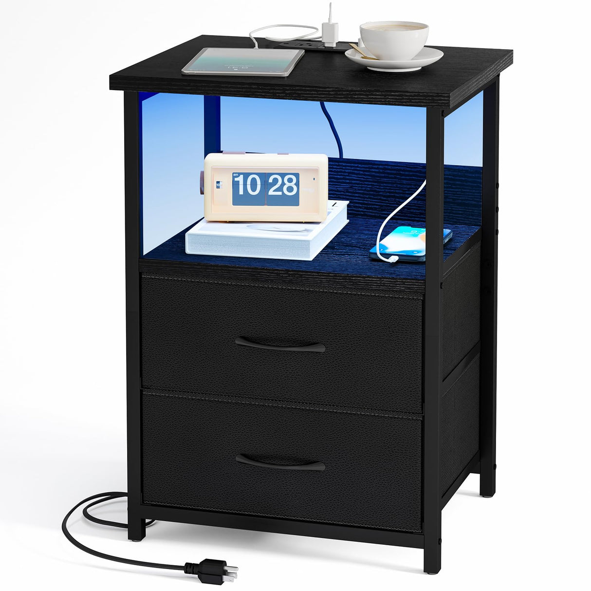 Fixwal Night Stand with Charging Station, LED Nightstand with USB Ports and Outlets, 2 Fabric Storage Drawers with PU Finish, Bed Side Table for Bedroom, Living Room, Black Fixwal