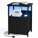 Fixwal Night Stand with Charging Station, LED Nightstand with USB Ports and Outlets, 2 Fabric Storage Drawers with PU Finish, Bed Side Table for Bedroom, Living Room, Black Fixwal