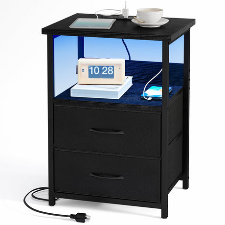 Fixwal Night Stand with Charging Station, LED Nightstand with USB Ports and Outlets, 2 Fabric Storage Drawers with PU Finish, Bed Side Table for Bedroom, Living Room, Black Fixwal