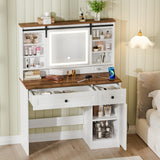 CLLASOU Farmhouse Makeup Vanity Desk with Sliding Mirror and Lights, Vanity Table with 2 Drawers & Shelves, Rustic Vanity Set with Lights Adjustable Brightness for Bedroom, White CLLASOU