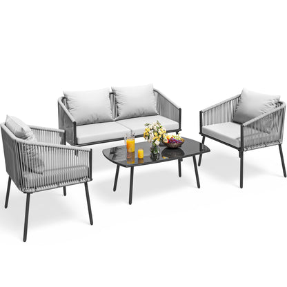 YITAHOME 4-Piece Patio Furniture Outdoor Bistro Set, All Weather Double Gray Rope Conversation Loveseat for Backyard, Balcony, Deck with Soft Cushions and Metal Table (Gray) - WoodArtSupply