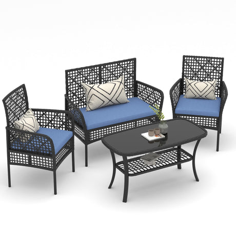 HLNPTN 4 Pieces Outdoor Patio Furniture Set, PE Rattan Chairs Wicker Furniture with Coffee Glass Table and Soft Cushions, Outdoor Seating Conversation Set for Lawn, Porch, Garden (Blue) HLNPTN