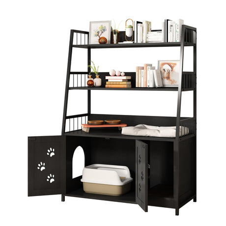 Recaceik Cat Litter Box Enclosure with Shelf Storage, Hidden Cat Washroom Furniture, Large Wood Cat Litter Box Furniture Hidden with Storage and Scratch, Fit Most of Litter Box, Black Recaceik